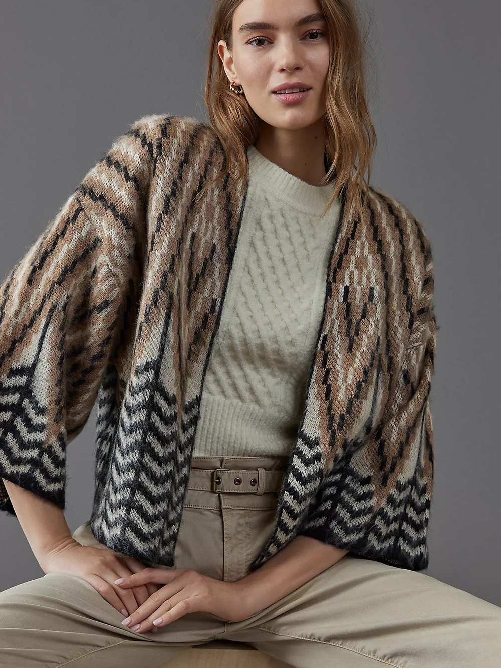 Anthropologie Beige Chevron Cropped Cardigan Sz S Open Front Boho-Chic Earthy